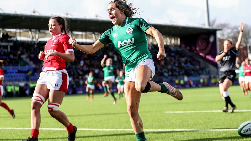 Ireland’s Beibhinn Parsons celebrates scoring the opening try against Wales. Photograph: Dan Sheridan/Inpho