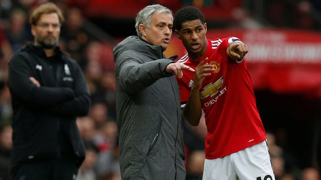 Manchester United manager José Mourinho giving instructions to Marcus Rashford during the match against Liverpool at Old Trafford. Photograph: Reuters/Andrew Yates