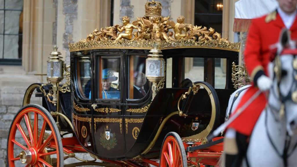 Queen Elizabeth and President Michael D Higgins arrive ina carriage at Windsor Castle. Sinn Féin voted against inviting the any members of the royal family to the 1916 centenary commemorations. Photograph: Alan Betson