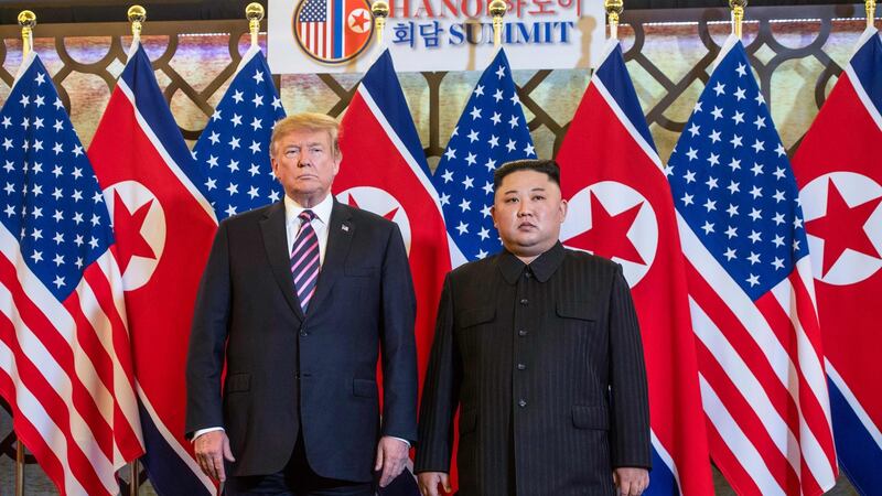 US President Donald Trump shakes hands with North Korea’s leader Kim Jong Un following a meeting at the Sofitel Legend Metropole hotel in Hanoi. Photograoh: by Saul Loeb/AFP/Getty