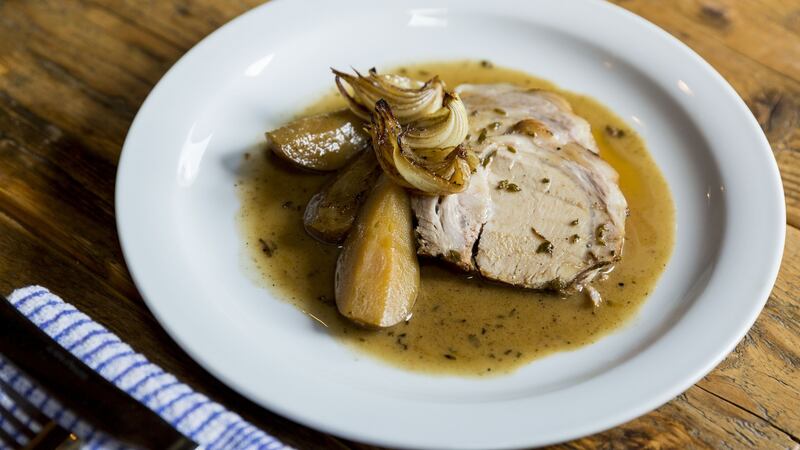 Pot roast pork with pears. Photograph: Emma Jervis