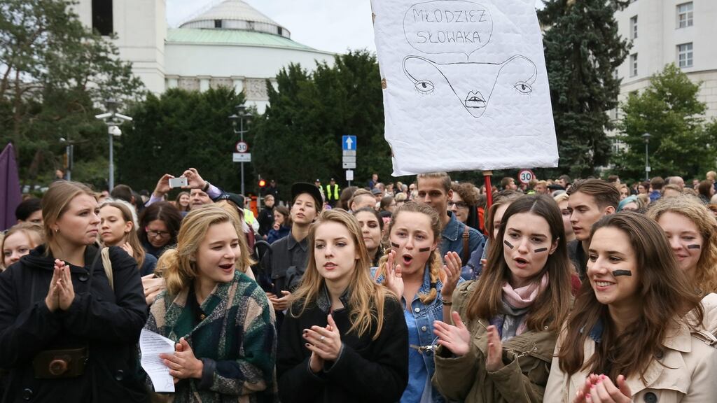 A protest against plans to introduce a new abortion law in front of the Sejm parliament building in Warsaw on Thursday. Photograph: Pawel Supernak/EPA