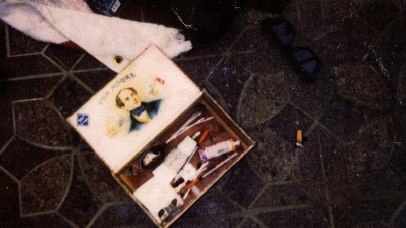 A police handout photo released by Seattle Police Department shows articles left at grunge rock musician Kurt Cobain’s 1994 death scene. Photograph: Seattle Police Department