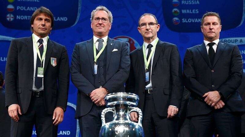 Italy’s coach Antonio Conte, Sweden’s head coach Erik Hamren, Republic of Ireland manager Martin O’Neill and Belgium’s assistant coach Vital Borkelmans pose for a picture after the draw. Photograph: Benoit Tessier/Reuters