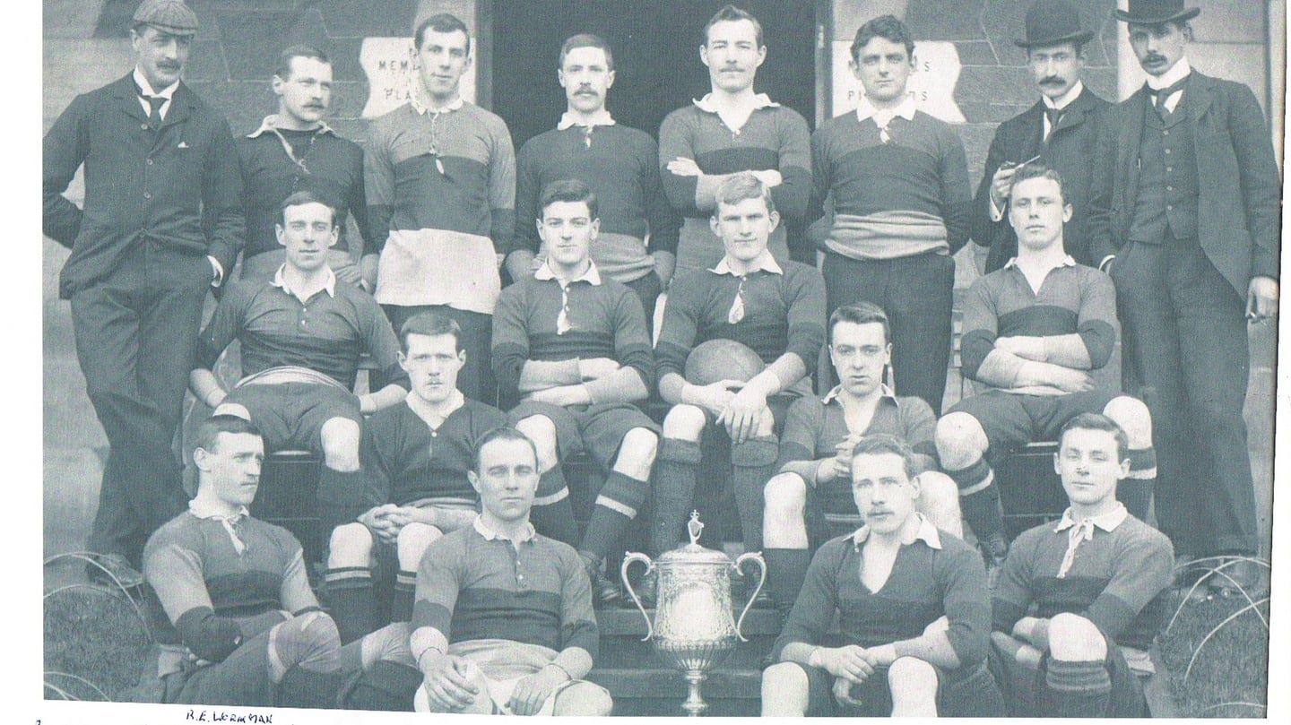 William Grant Byron, fifth from left, with the Ireland rugby team.