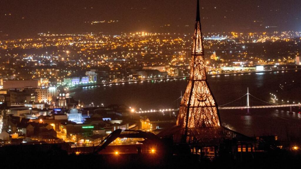David Best’s wooden temple in Derry which will be set alight on the evening of Saturday, March 21st. Photograph: Martin McKeown/Inpresspics.com