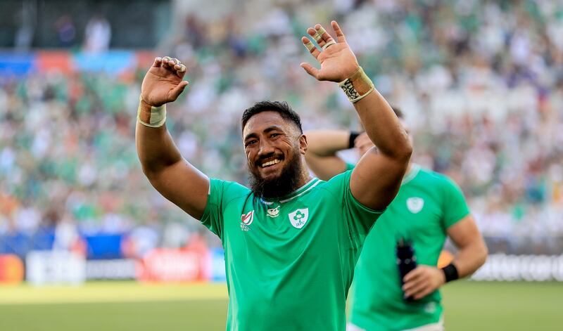 Bundee Aki celebrates after the game. Photograph: Dan Sheridan/Inpho
