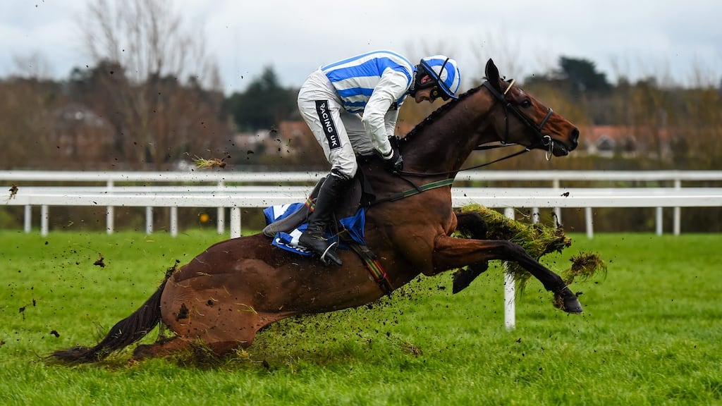 Down but not out . . . Killultagh Vic rises again to win by three-quarters of a length in the Coral.ie Novice Steeplechase at Leopardstown on Sunday. Photograph: Stephen McCarthy/Sportsfile