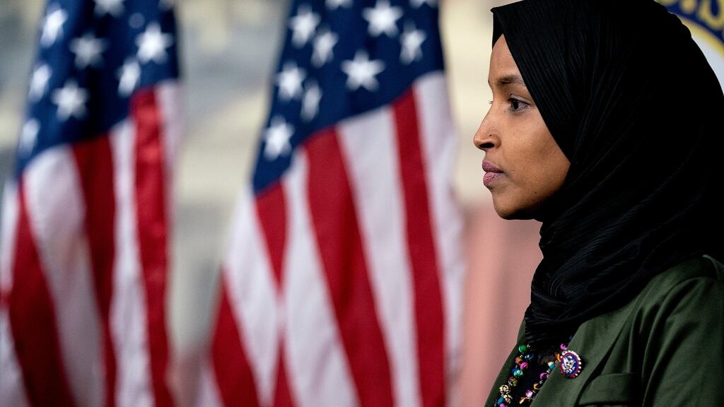 Ilhan Omar during a press conference addressing anti-Muslim comments made by Lauren Boebert. Photograph: Stefani Reynolds/The New York Times