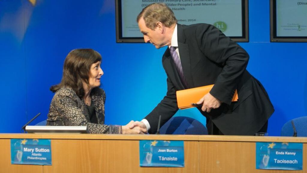 Mary Sutton from Atlantic Philanthropies and Taoiseach Enda Kenny at the launch of the Irish National Dementia Strategy at Government Buildings. Photograph: Gareth Chaney/Collins