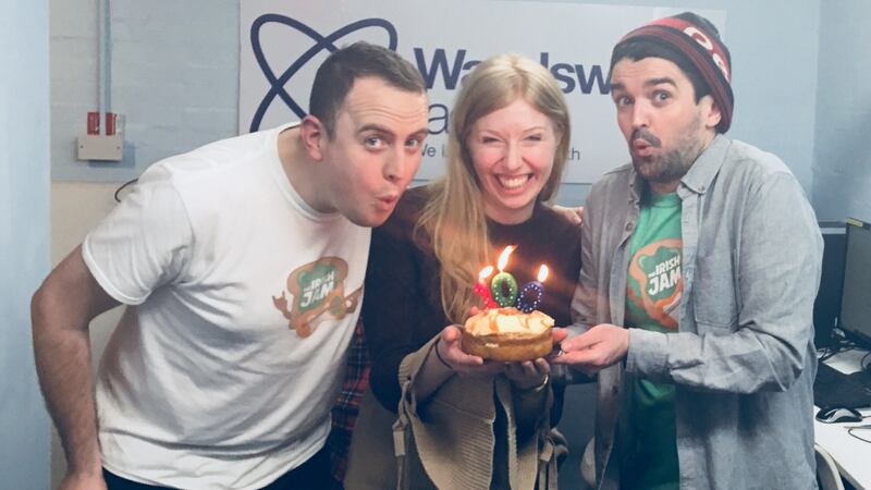 Presenters Kealan Duignan, Melanie Simpson and Niall Jackson celebrating their 100th Irish Jam show in Wandsworth Radio studios.