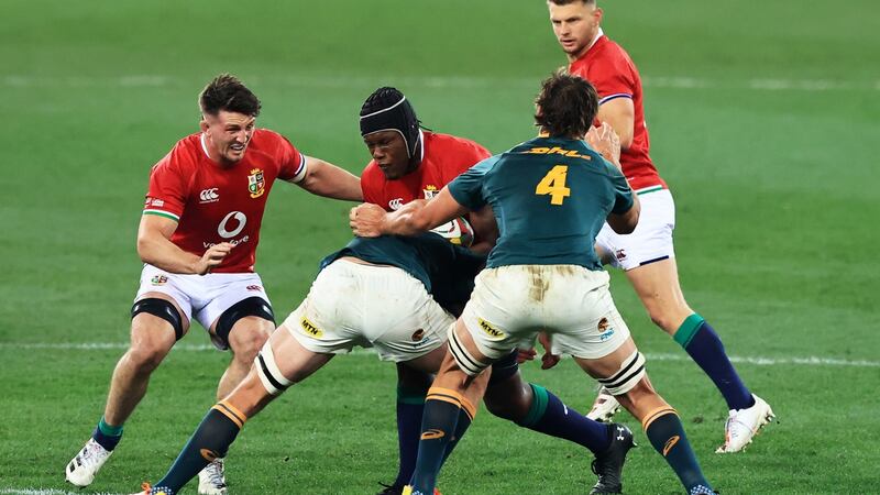 Maro Itoje carries into Pieter-Steph du Toit and Eben Etzebeth during the Lions’ first Test win in Cape Town. Photograph: David Rogers/Getty