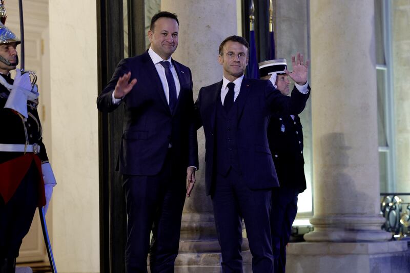 French president Emmanuel Macron welcomes Leo Varadkar at the Élysée Palace in Paris, October 15th, 2023. Photograph: Geoffroy Van Der Hasselt/AFP/Getty
