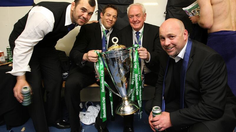 Cheika, Jonno Gibbes, Alan Gaffney and Kurt McQuilkin with the Heineken Cup trophy in 2009. Photo: Billy Stickland/Inpho
