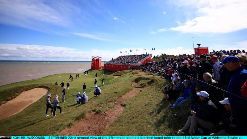 The 17th at Whistling Straits is one of the most treacherous par threes in the world of golf. Photograph: Mike Ehrmann/Getty Images