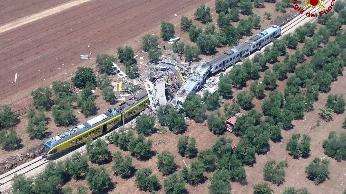 Crash site where two trains collided on a single-track stretch between Ruvo di Puglia and Corato in southern Italy on Tuesday. Photograph: Italian Fire Brigade/PA