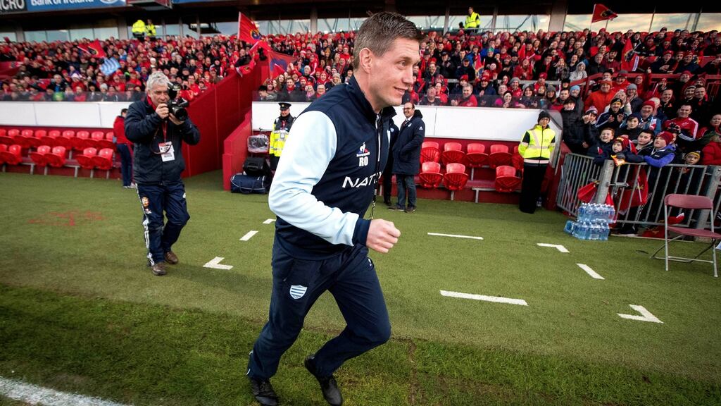 Racing 92 defence coach Ronan O’Gara during the French side’s Champions Cup game against Munster at Thomond Park on Saturday. Photograph: Ryan Byrne/Inpho.