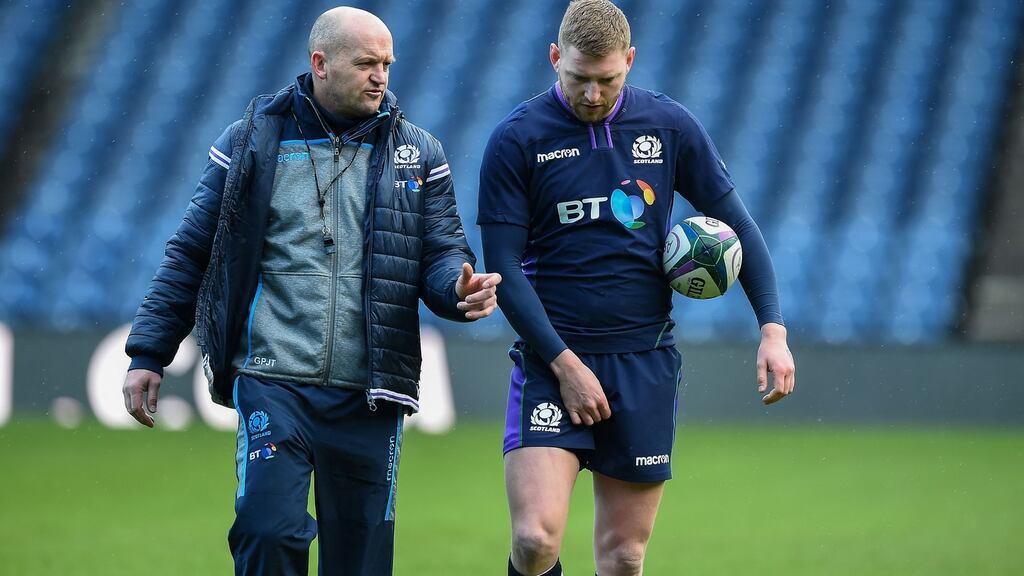Scotland coach Gregor Townsend with outhalf  Finn Russell during last year’s Six Nations. ‘It was a conversation and it was telling him he wasn’t going to be back in the squad this week,’ says Townsend of his contact with Russell this week. Photograph: Andy Buchanan/AFP via Getty Images.
