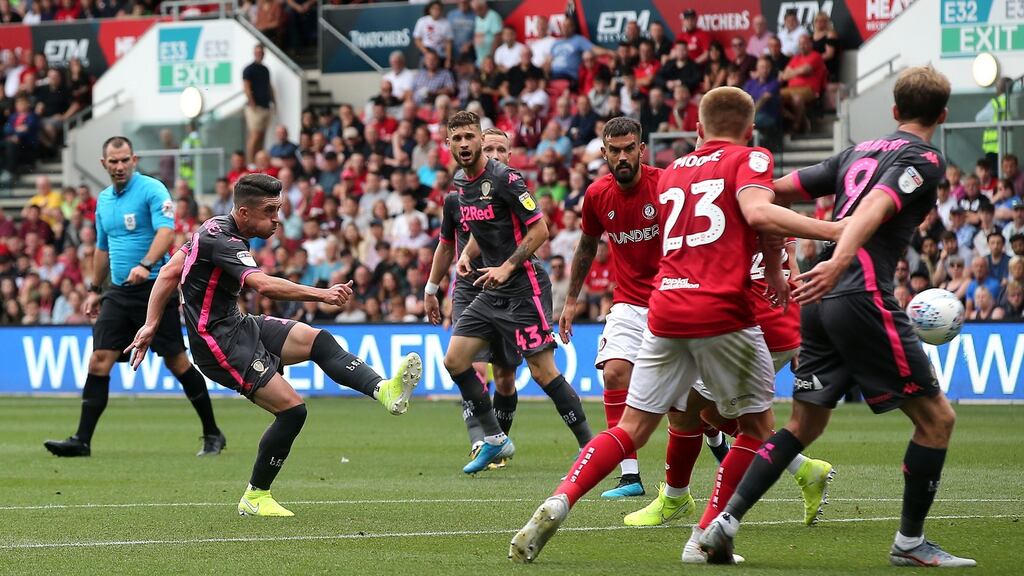 Pablo Hernandez opens the scoring for Leeds against Bristol City. Photograph: Mark Kerton/PA