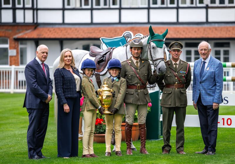(From left to right) Liam Kavanagh, Chief Executive of the RDS, Fiona Sheridan, Horse Show Director, Judy O’Donnell, Harry Hillman, Comdt Geoff Curran with his horse Hawthorn Hill, Tom Freyne, Chairman of the RDS Equestrian Committee and Officer Commanding of the Army Equitation School and John Dardis, President of the RDS, attend the official launch of the Dublin Horse Show. Photograph: INPHO/James Crombie