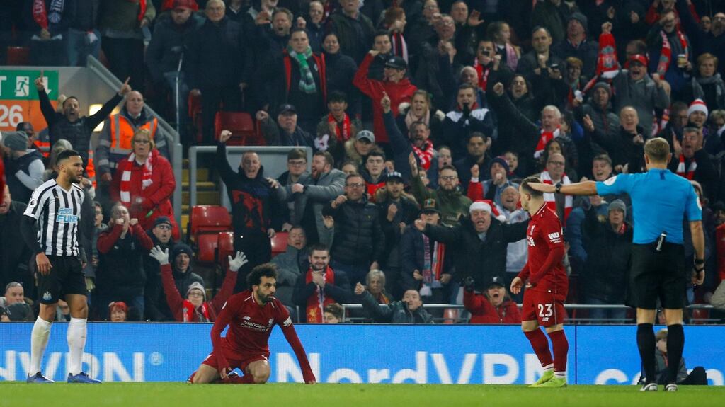 Mo Salah gets a penalty against Newcastle. The FA concluded the way he threw himself down after the flimsiest touch on his arm was legitimate, thus setting a poor precedent. Photograph: Phil Noble/Reuters
