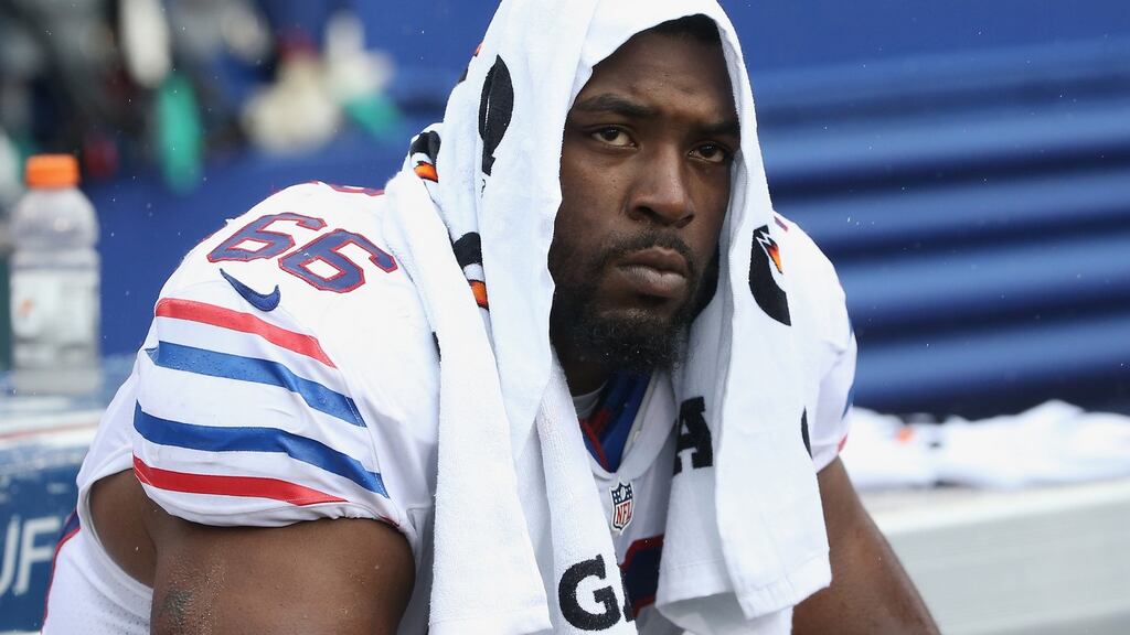 Seantrel Henderson of the Buffalo Bills: agent says suspension was due to using cannabis to relieve effects of Crohn’s disease. Photograph: Tom Szczerbowski/Getty Images