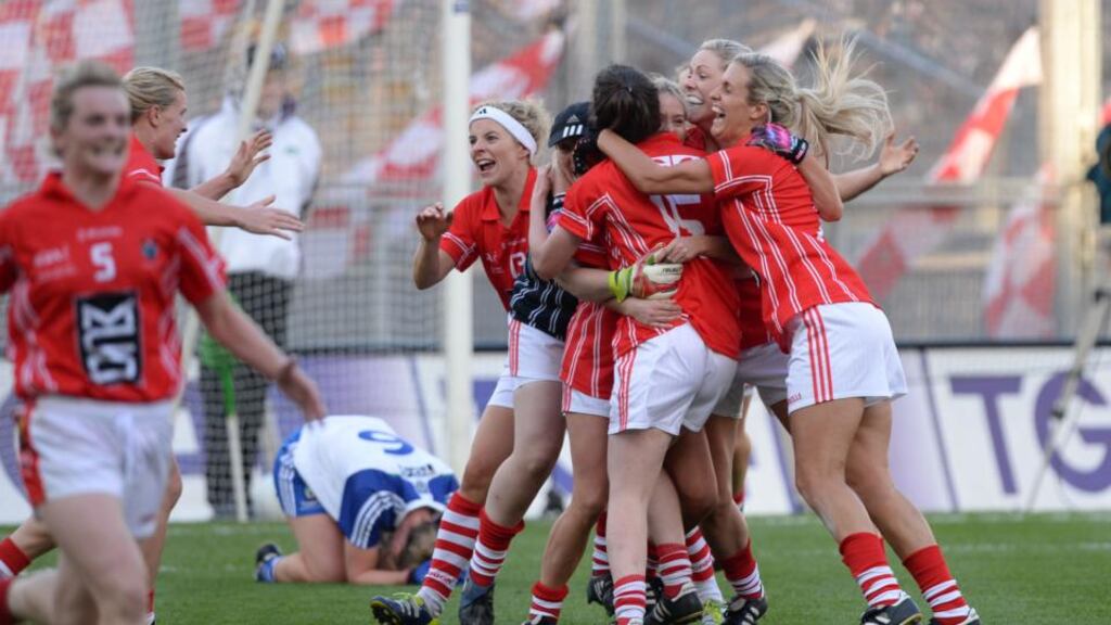 Cork players celebrate the final whistle after beating Monaghan in the All-Ireland Senior Ladies’ Football final at Croke Park. Photograph: Alan Betson