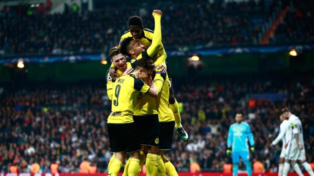 Marco Reus of Borussia Dortmund celebrates scoring his side’s second goal during their Champions League clash with Real Madrid. Photo: Gonzalo Arroyo Moreno/Getty Images