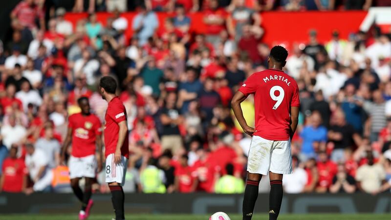 Anthony Martial of Manchester United waits to re-start after Patrick van Aanholt scored Crystal Palace’s second goal during the Premier League match at Old Trafford. Photo: Jan Kruger/Getty Images