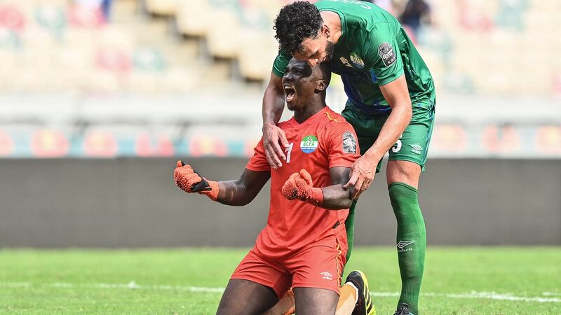Sierra Leone’s goalkeeper Mohamed Nbalie Kamara and defender Steven Caulker react after the draw against Algeria in the Africa Cup of Nations at Stade Japoma in Douala, Cameroon. Photograph: Charly Triballeau/AFP via Getty Images