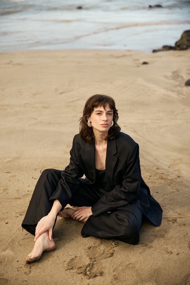 Black Irish linen oversize blazer, €385; black Irish linen Bridget trousers, €249