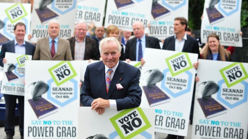 Senator Fergal Quinn is picuted with other members of Democracy Matters group who are campaigning for a No vote in the Seanad referendum. Photograph: Aidan Crawley.