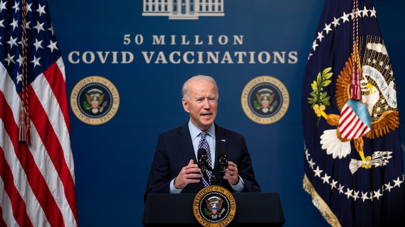 US president Joe Biden said his administration would send people door to door, set up clinics at workplaces and urge employers to offer paid time off as part of a renewed push to reach tens of millions of unvaccinated Americans. Photograph: Doug Mills/EPA