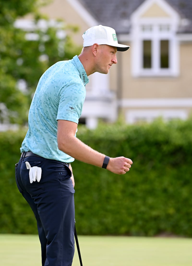 Adrian Meronk of Poland celebrates his birdie on the 16th hole during the third round of the Horizon Irish Open at Mount Juliet. Photograph: Ross Kinnaird/Getty Images
