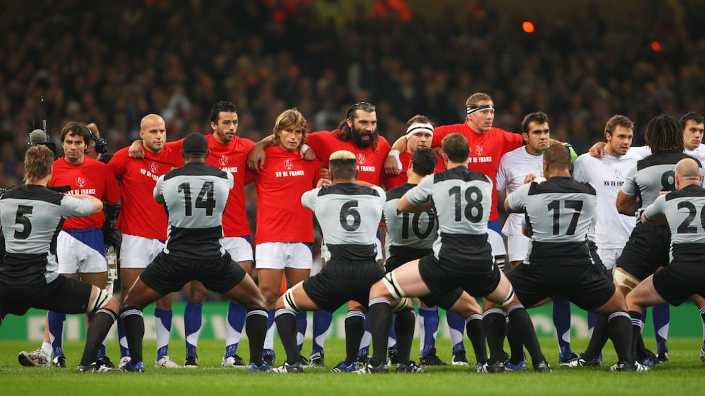 The French team face up to New Zealand as the latter perform the Haka before the dramatic World Cup quarter-final at the Millennium Stadium in Cardiff. Photograph: Stu Forster/Getty Images