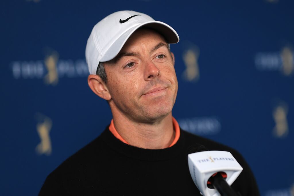 Rory McIlroy speaks to the media prior to The Players Championship on the Stadium Course at TPC Sawgrass in Ponte Vedra Beach, Florida. Photograph: Richard Heathcote/Getty Images
