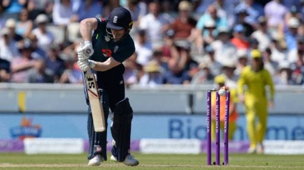 Eoin Morgan of England is bowled during the fifth  International match between England and Australia at  Old Trafford. Photograph:  Getty Images