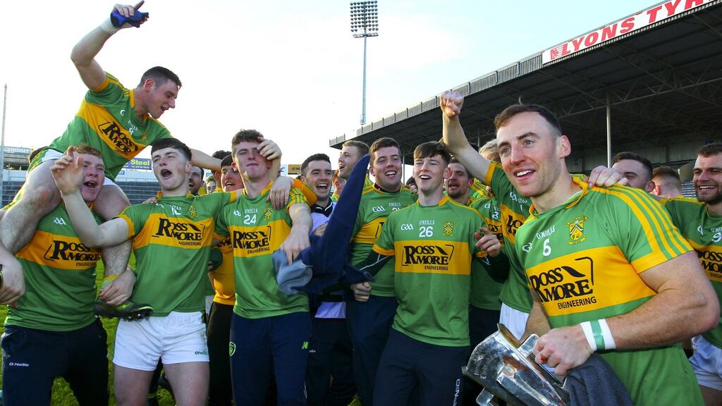 Clonoulty-Rossmore’s players celebrate at the end of the game after they beat Nenagh Éire Óg to win the Tipperary SHC title. Photo: Ken Sutton/Inpho