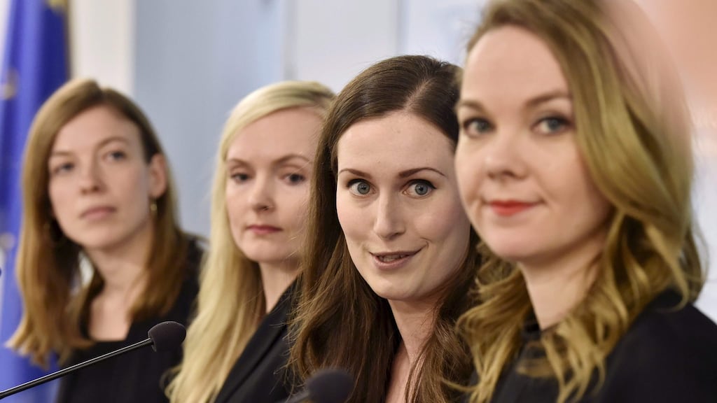 Minister of education Li Andersson, minister of interior Maria Ohisalo, prime minister Sanna Marin and minister of finance Katri Kulmuni give a press conference of the new Finnish government in Helsinki. Photograph: Jussi Nukari/Lehtikuva/AFP/ Getty Images