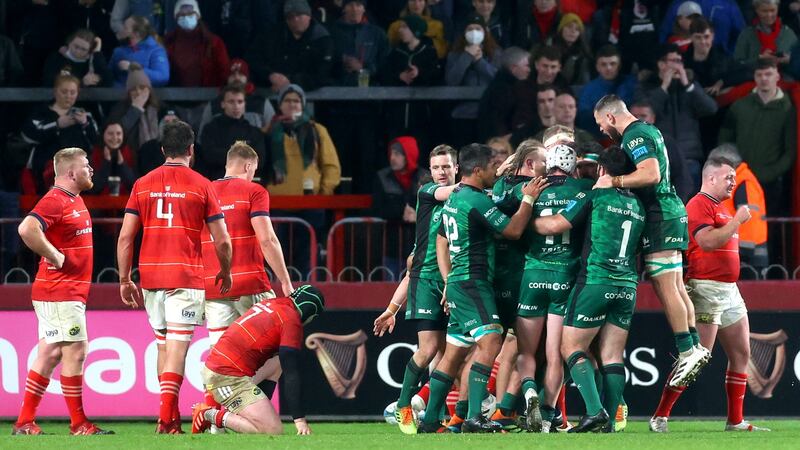 Connacht’s Paul Boyle celebrates scoring his side’s first try. Photo: James Crombie/Inpho
