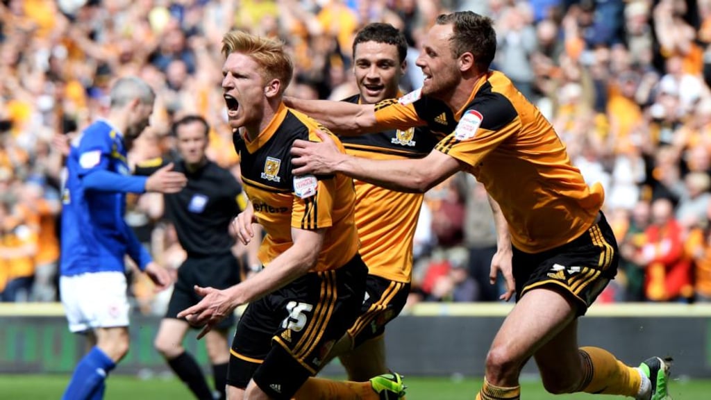 Paul McShane scored a vital goal in Hull’s promotion push (above) and has signed a two-year deal with the club. Photograph: Getty Images.