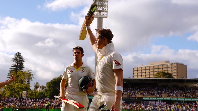 Steve Smith celebrates with team mate Mitchell Marsh as they walk off the field at the end of the third day of the third Ashes cricket test match. Photograph: David Gray/Reuters