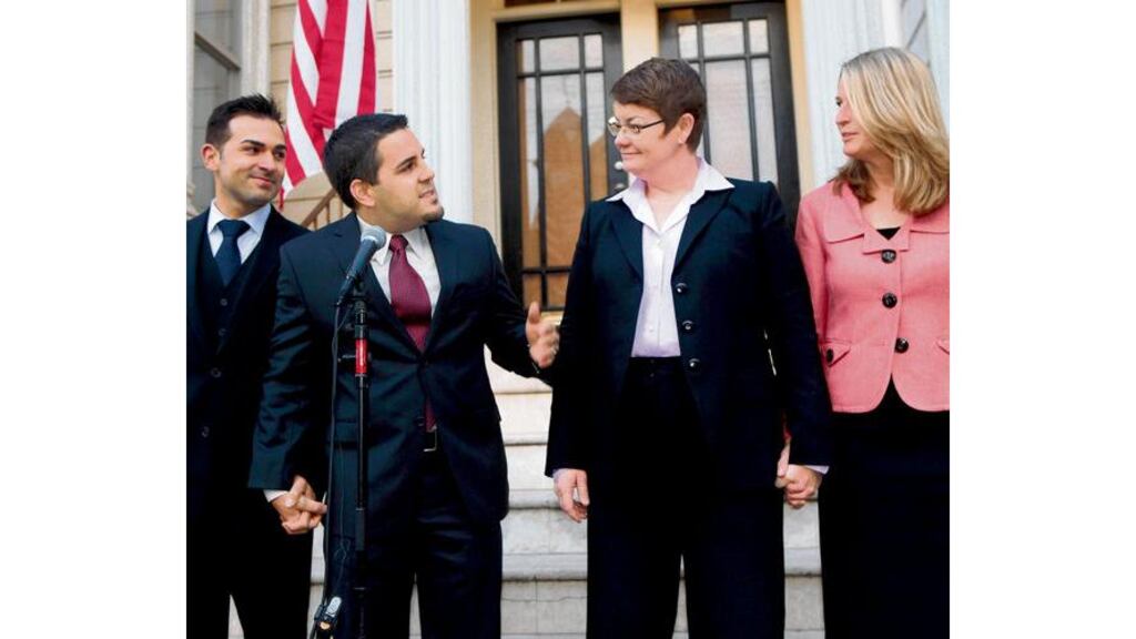Paul Katami and Jeff Zarrillo, Kristin Perry and Sandra Stier stand outside a home in San Francisco on Monday. The two same-sex couples are plaintiffs in a federal court case on California's same-sex marriage ban. Photograph: Marcio Jose Sanchez/AP