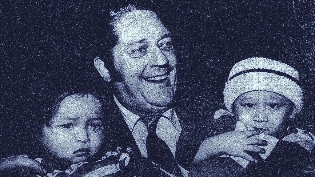 Minister for foreign affairs Brian Lenihan with An Ngoc Dung (2) and Van Quoc Thanh (3) at a party for Vietnamese refugees at Blanchardstown hospital, Co Dublin, in 1979. Photograph: Pat Langan/The Irish Times