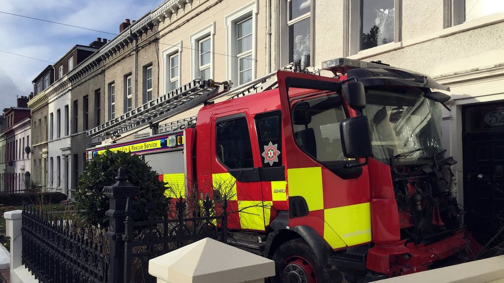 The crashed fire engine in the front garden of a house in Larne last year. Photograph: PA Wire