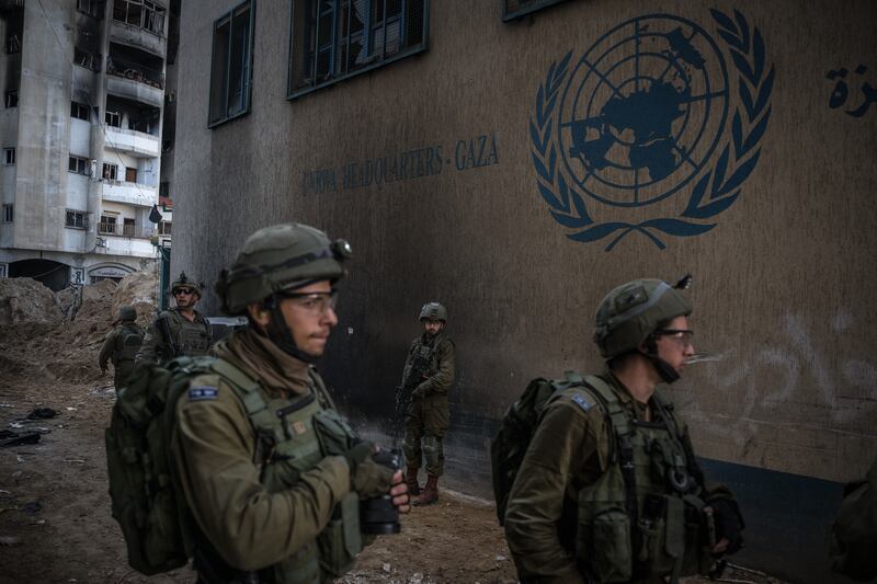 As photographed during an IDF escorted tour, Israeli soldiers outside the headquarters of the United Nations Relief and Works Agency in central Gaza on February 8th. Photograph: Sergey Ponomarev/New York Times