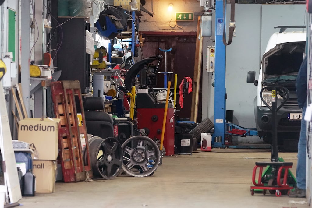 A business premises on the Long Mile Road, Dublin, as suspected cocaine, drug-related chemicals and paraphernalia and cash was seized during a search by Garda on the property. Photograph: Brian Lawless/PA