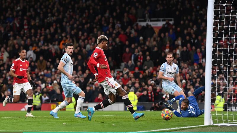Marcus Rashford scores Manchester United’s last-minute winner against West Ham. Photograph: Laurence Griffiths/Getty