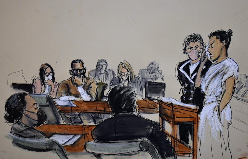 The lawyer Gloria Allred in a black-and-white statement suit at the R. Kelly trial in June. Illustration: Elizabeth Williams via The New York Times