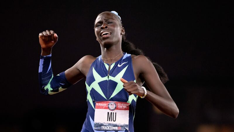 Athing Mu ran away from the field to easily win the women’s 800m race in 1:56.07 on Sunday at the US Olympic trials in Eugene, Oregon. Photograph: Alexandra Garcia/New York Times